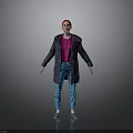 Red Haired Woman In Dark Coat Purple Top Blue Jeans Standing Gray Background