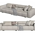 Modern Beige Sectional Sofa with Throw Pillows and Plaid Blanket for Living Room