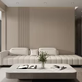Modern Minimalist Living Dining Room With Beige Sofa Large TV And City View Through Window