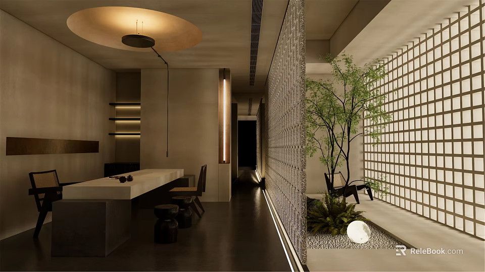 Modern Interior Landscape Design With Indoor Trees And Lattice Partition Lighting 3d model 