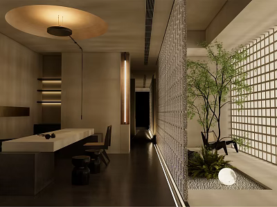 Modern Interior Landscape Design With Indoor Trees And Lattice Partition Lighting 3d model