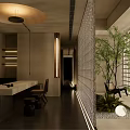 Modern Interior Landscape Design With Indoor Trees And Lattice Partition Lighting