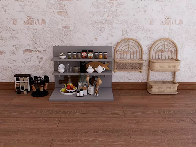 Gray Kitchen Shelf With Cups Jars Fruits Wicker Baskets Wooden Floor Textured Wall 3d model