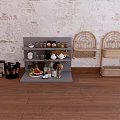 Gray Kitchen Shelf With Cups Jars Fruits Wicker Baskets Wooden Floor Textured Wall