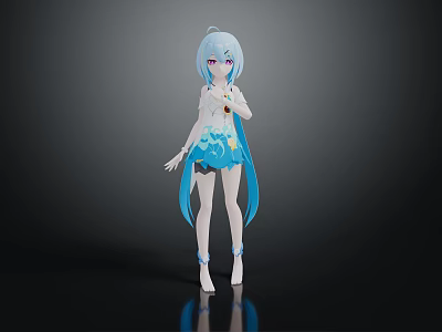 3D Anime Character With Light Blue Hair Long Braids And Blue Outfit Design 3d model