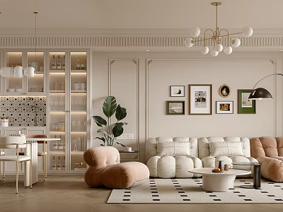 Elegant Modern Living and Dining Room With Plush Sofa Armchairs Decorative Paintings and Gold Chandelier 3d model