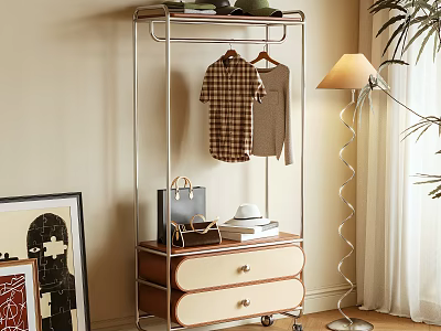 Clothing Rack With Metal Frame Hanging Clothes Cabinet Drawers Bags Hat Books And Floor Lamp 3d model