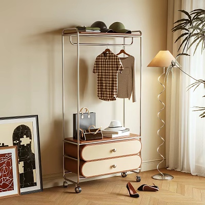 Clothing Rack With Metal Frame Hanging Clothes Cabinet Drawers Bags Hat Books And Floor Lamp 3d model