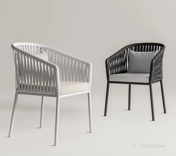 Stylish White And Black Rattan Outdoor Chair With Armrest And Comfortable Cushion 3d model 