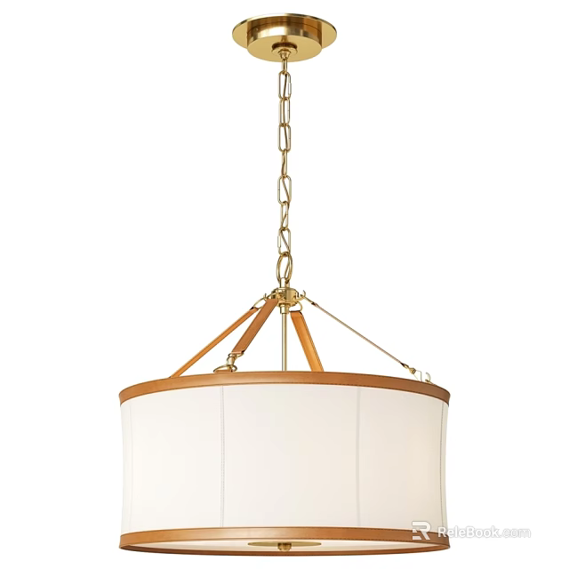 Elegant Hanging Chandelier With Gold Chain Wooden Accents And White Lampshade 3d model 