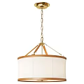 Elegant Hanging Chandelier With Gold Chain Wooden Accents And White Lampshade