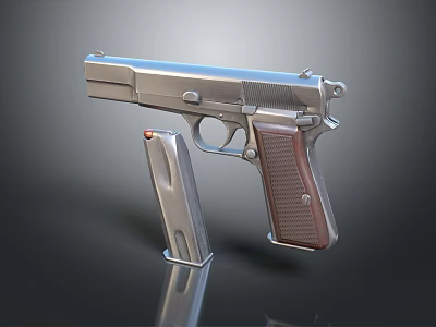 Classic Metal Pistol With Wooden Grip And Detachable Magazine On Gray Background 3d model