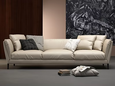 Beige Three-Seater Sofa with Decorative Pillows Dark Wooden Wall Black White Art Books and Blanket 3d model