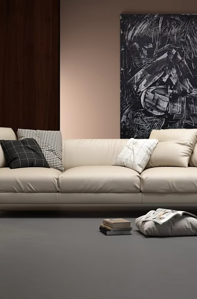 Beige Three-Seater Sofa with Decorative Pillows Dark Wooden Wall Black White Art Books and Blanket 3d model