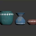 Handcrafted Carved Ceramic Vases in Turquoise Blue Red with White Diamond Patterns