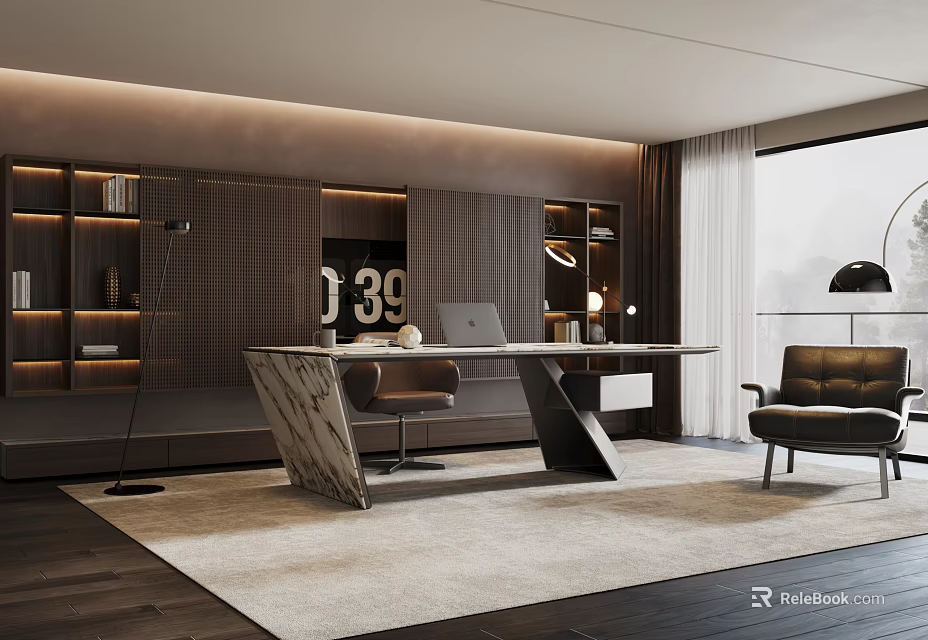 Modern Study Room Interior With Marble Top Desk Leather Chair Bookshelves and Floor Lamp 3d model 