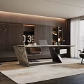 Modern Study Room Interior With Marble Top Desk Leather Chair Bookshelves and Floor Lamp