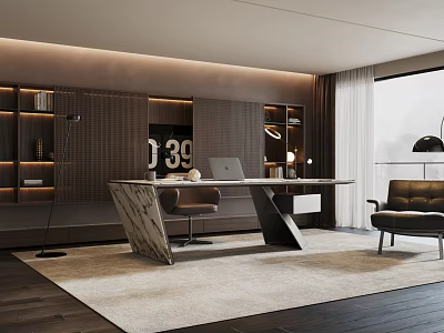 Modern Study Room Interior With Marble Top Desk Leather Chair Bookshelves and Floor Lamp 3d model