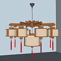 Traditional Chinese Wooden Chandelier With White Lampshades And Red Tassels Design