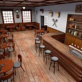 Rustic Bar Interior With Wooden Tables Chairs Bar Counter Stools Trophy Mounts And Windows