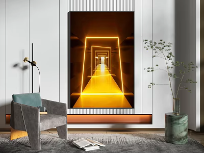 Modern Living Room Interior With Abstract Painting Yellow Neon Light Gray Armchair Green Plant 3d model