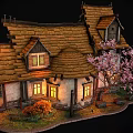 Medieval Style Cottage Model With Sloped Brown Tile Roof Stone Walls Chimney And Wooden Barrels