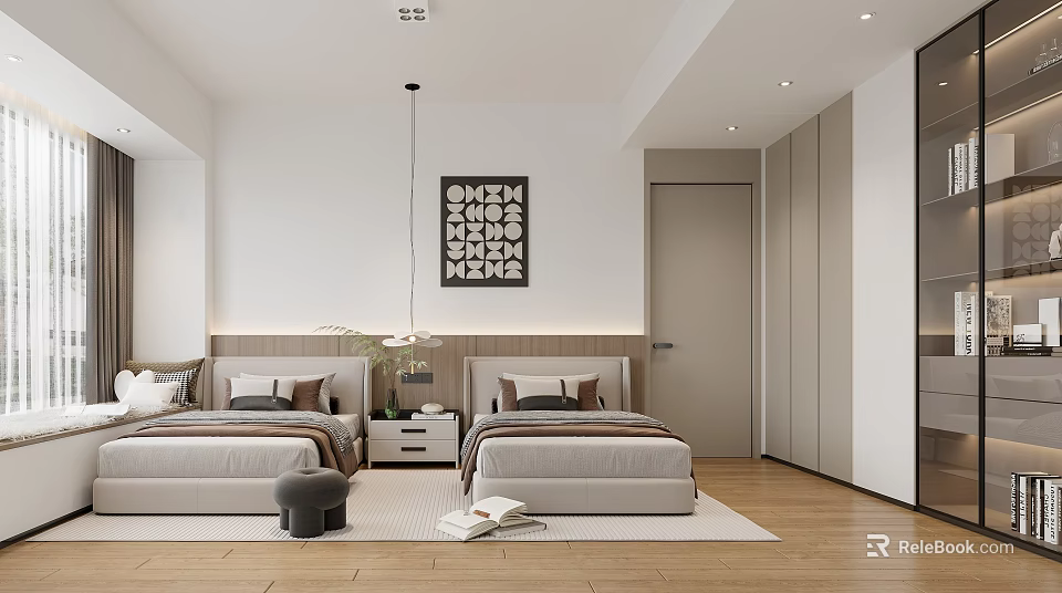 Modern Bedroom Interior Design With Two Beds White Walls Wooden Floor And Wall Art 3d model 