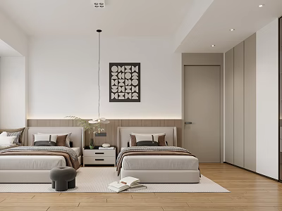 Modern Bedroom Interior Design With Two Beds White Walls Wooden Floor And Wall Art 3d model