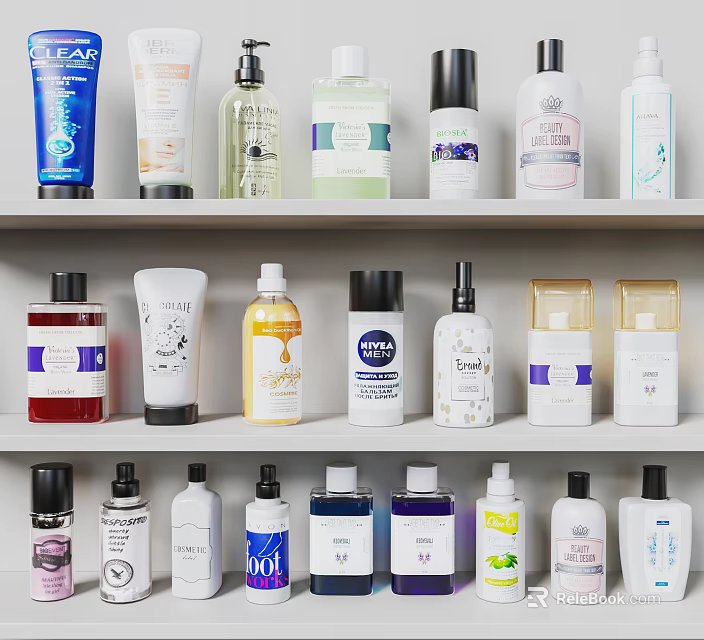 Assorted Cosmetic Skincare Bottles Displayed On Shelf With Diverse Colors and Brands 3d model 