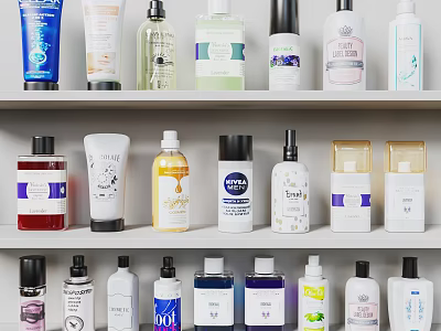 Assorted Cosmetic Skincare Bottles Displayed On Shelf With Diverse Colors and Brands 3d model
