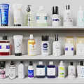 Assorted Cosmetic Skincare Bottles Displayed On Shelf With Diverse Colors and Brands