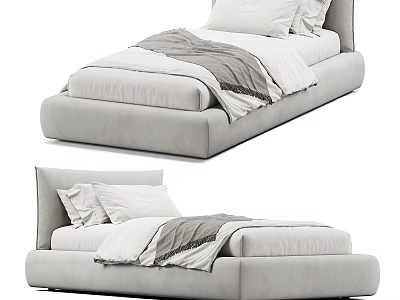 Modern Single Bed With Light Gray Upholstery And Bedding 3d model