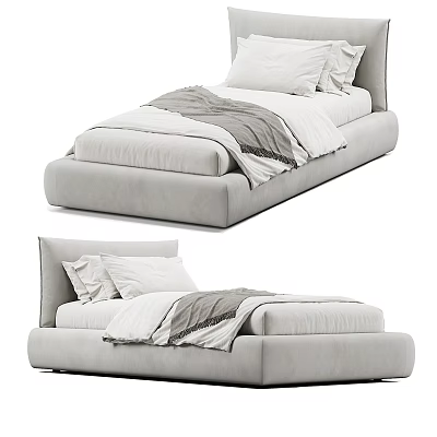 Modern Single Bed With Light Gray Upholstery And Bedding 3d model