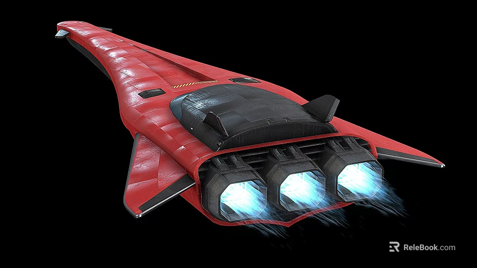Red Streamlined Spaceship With Three Engines Emitting Blue Light Against Black Background 3d model 