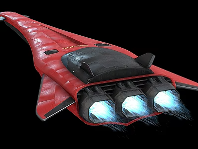 Red Streamlined Spaceship With Three Engines Emitting Blue Light Against Black Background 3d model