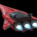 Red Streamlined Spaceship With Three Engines Emitting Blue Light Against Black Background