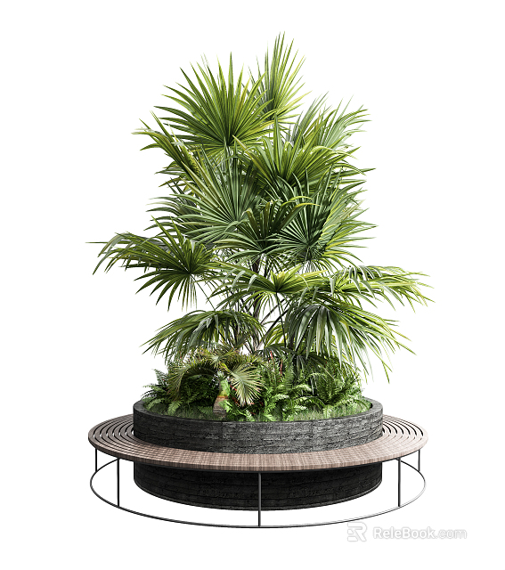 Circular Tree Planter Featuring Tall Palm Tree And Lush Green Plants On Wooden Platform 3d model 