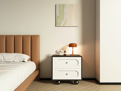 Modern Bedroom Interior With Brown Padded Headboard White Nightstand Orange Lamp And Wall Painting 3d model