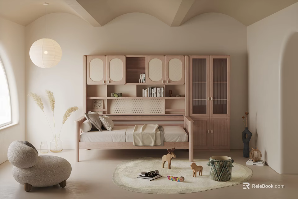Cozy Kids Room With Wooden Cabinet Small Bed Round Pendant Light And Rug With Toys 3d model 