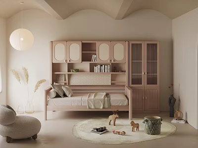 Cozy Kids Room With Wooden Cabinet Small Bed Round Pendant Light And Rug With Toys 3d model