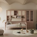 Cozy Kids Room With Wooden Cabinet Small Bed Round Pendant Light And Rug With Toys