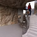 Cave Style Cafe With Stone Walls White Tables Chairs Bar And Sea View Through Window