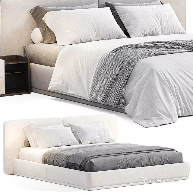 Modern Double Beds With White Sheets Gray Blanket Pillows And Nightstand Design 3d model 