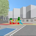 Garden Ornaments in Children Playground with Green Trees Colorful Pavement and Kids Playing