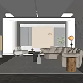 Modern Living Room Interior Design With Beige Sofa Large Windows Blinds And Area Rug