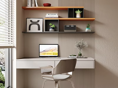 Modern Wall Mounted Shelf With Books Potted Plants And Decorative Items In Home Workspace 3d model