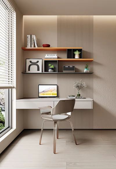 Modern Wall Mounted Shelf With Books Potted Plants And Decorative Items In Home Workspace 3d model