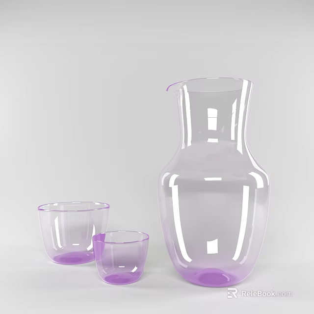 Purple Transparent Ceramic Ware Pitcher And Two Small Cups For Home Decor 3d model 