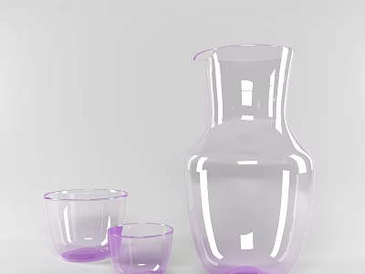 Purple Transparent Ceramic Ware Pitcher And Two Small Cups For Home Decor 3d model