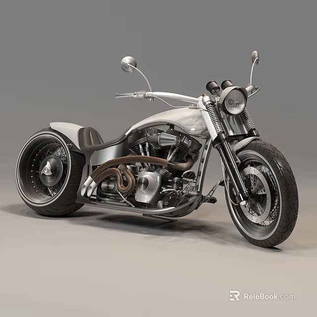 Vintage Custom Silver Motorcycle With Classic Headlight Large Wheels Chrome Exhaust And Leather Seat 3d model 
